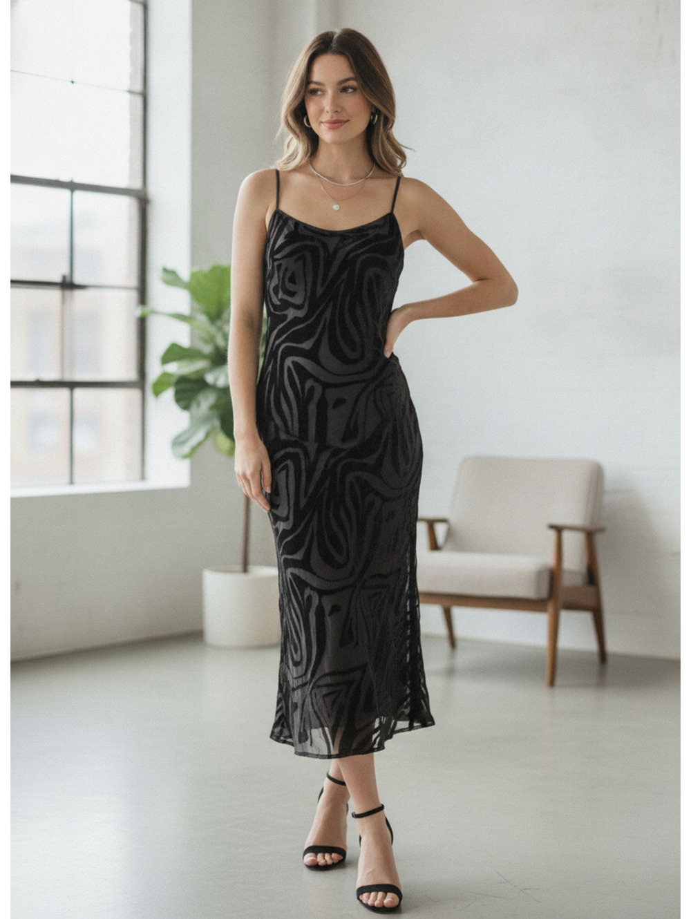 Black Velvet Patterned Slip Dress with Spaghetti Straps